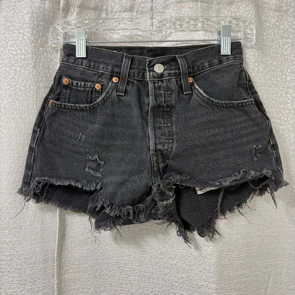 Levi's Premium 501 Black Shorts Button-Fly Hem Distressed Women’s Size 24